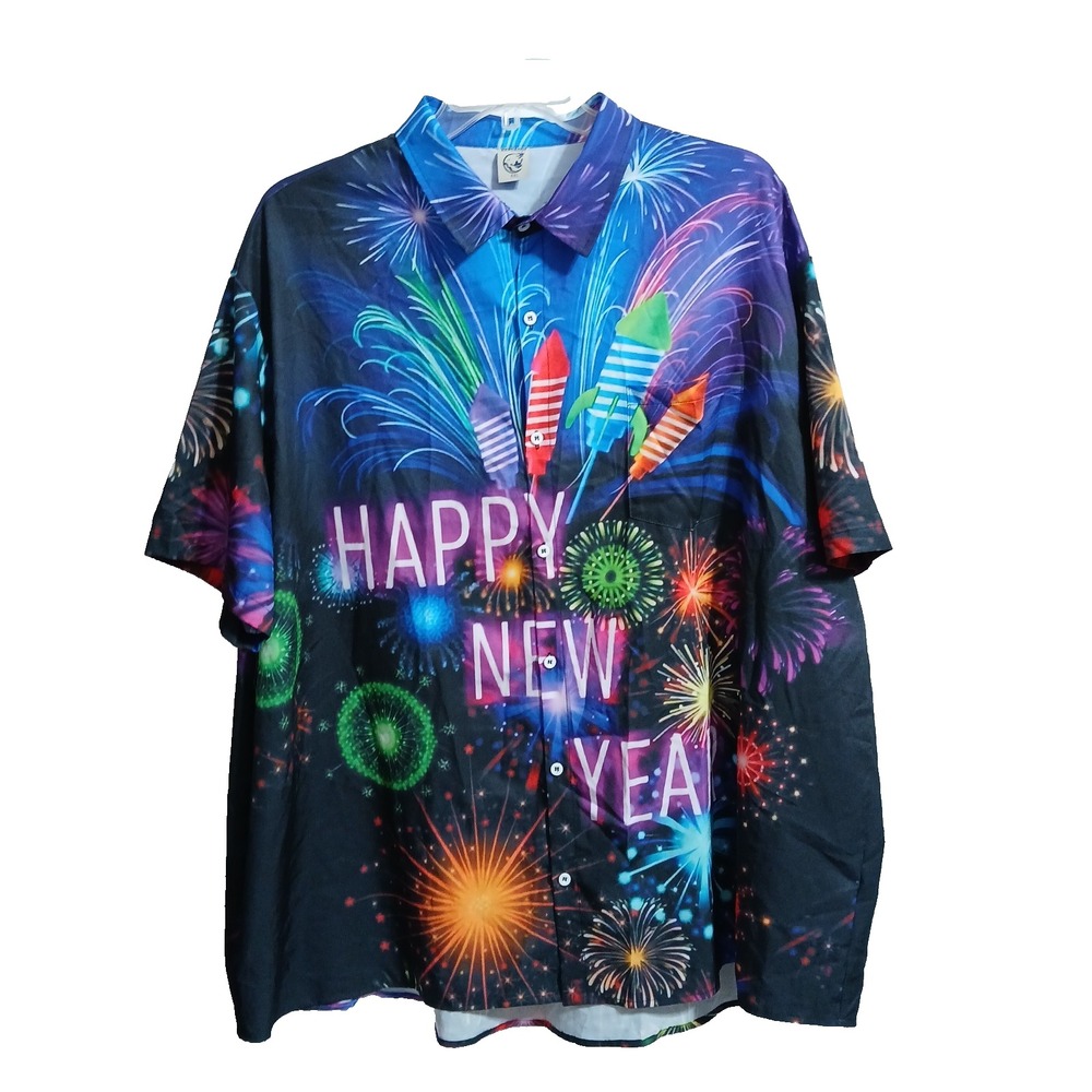 Hardaddy Men Happy New Year Button Up Shirt 4XL Fireworks Holiday Celebration